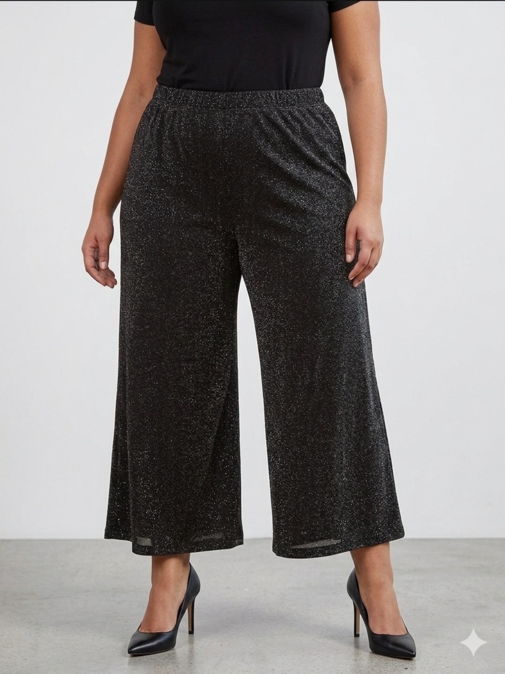 TRADITION Black Metallic Wide Leg Elastic Waist Crop Pants size 22